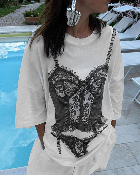 Bikini Lace Print Oversized T-shirt