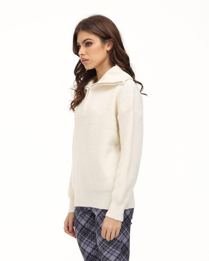 Glosst Ribbed Lapel Zip Sweater