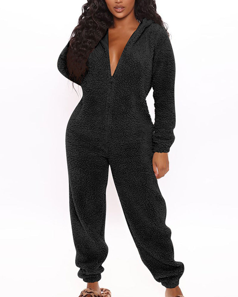 Hoodied Zip Front Fleece Jumpsuit