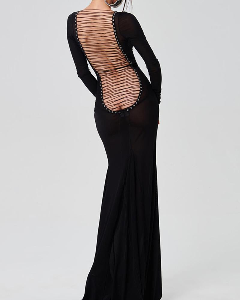 Backless Bandage Mesh Maxi Dress