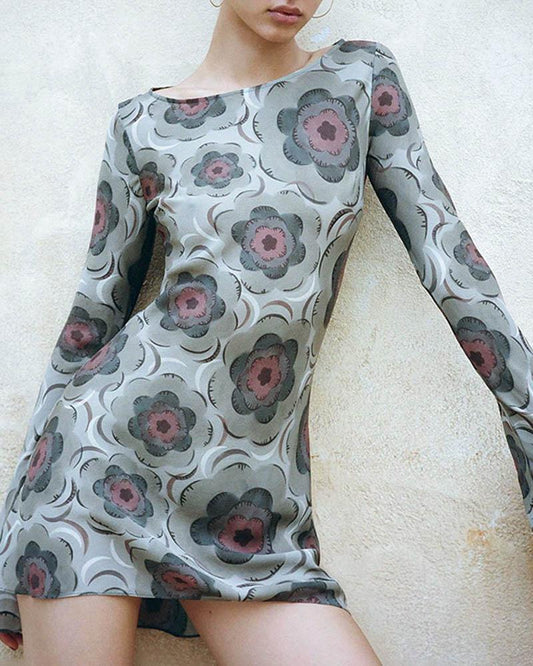 Long Sleeved Morning Glory Printed Dress