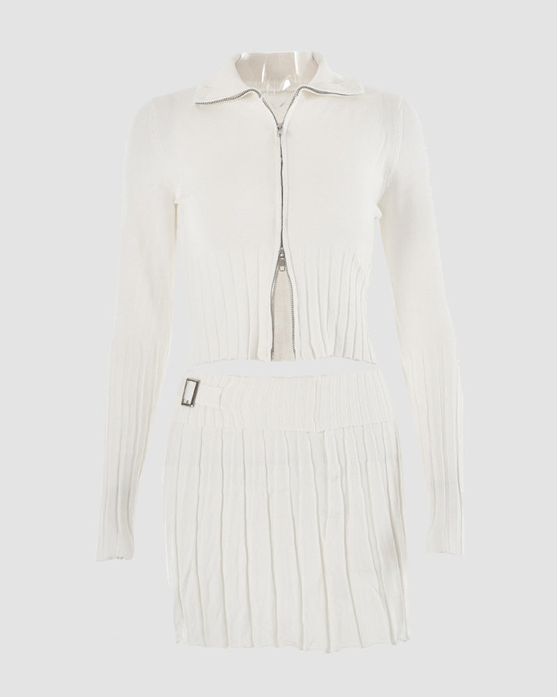 Knitted Cardigan Pleated Mini Skirt Coords