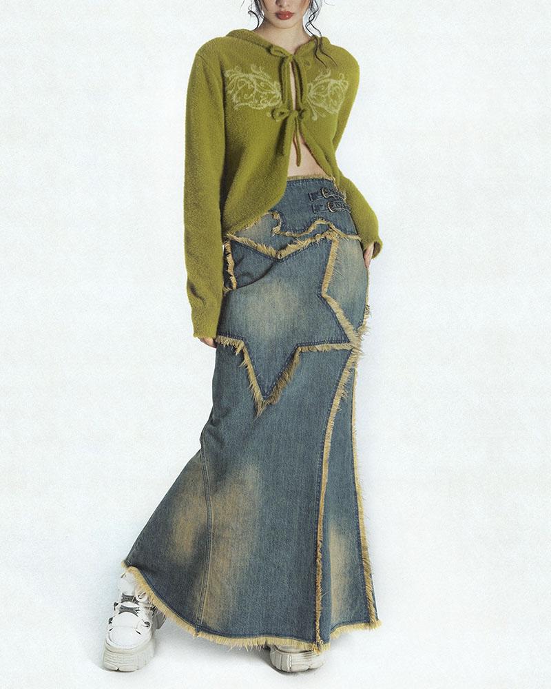 Nova Star Distressed Denim Maxi Skirt