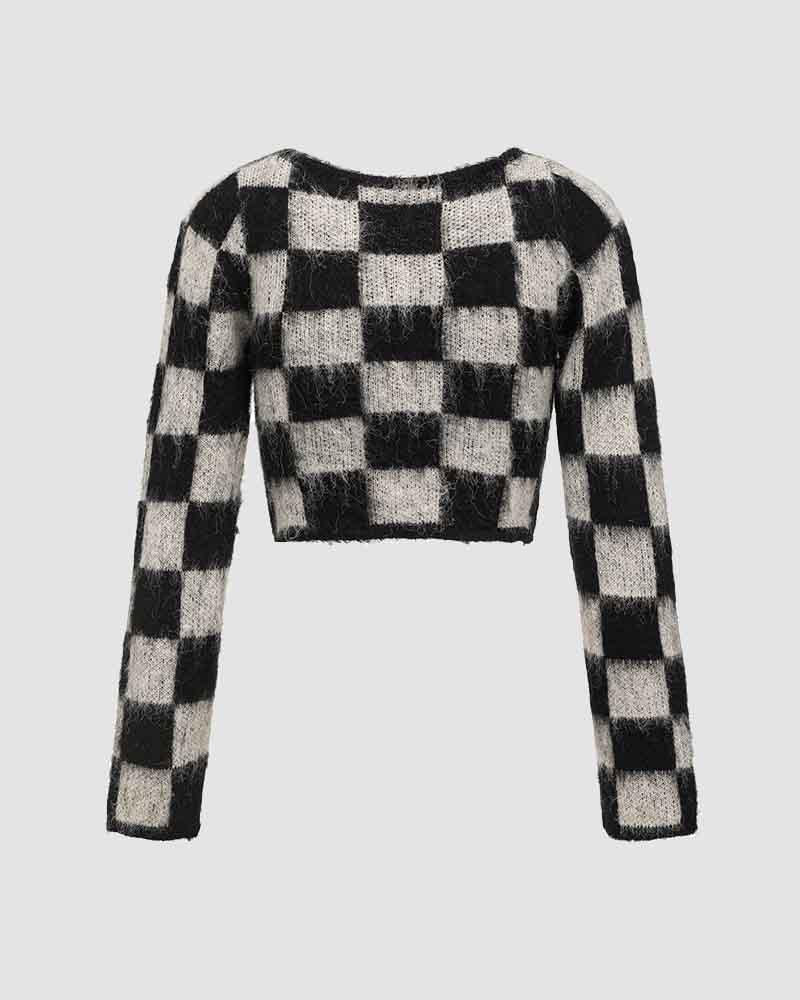 Moonmoor Fuzzy Checkered Crop Sweater