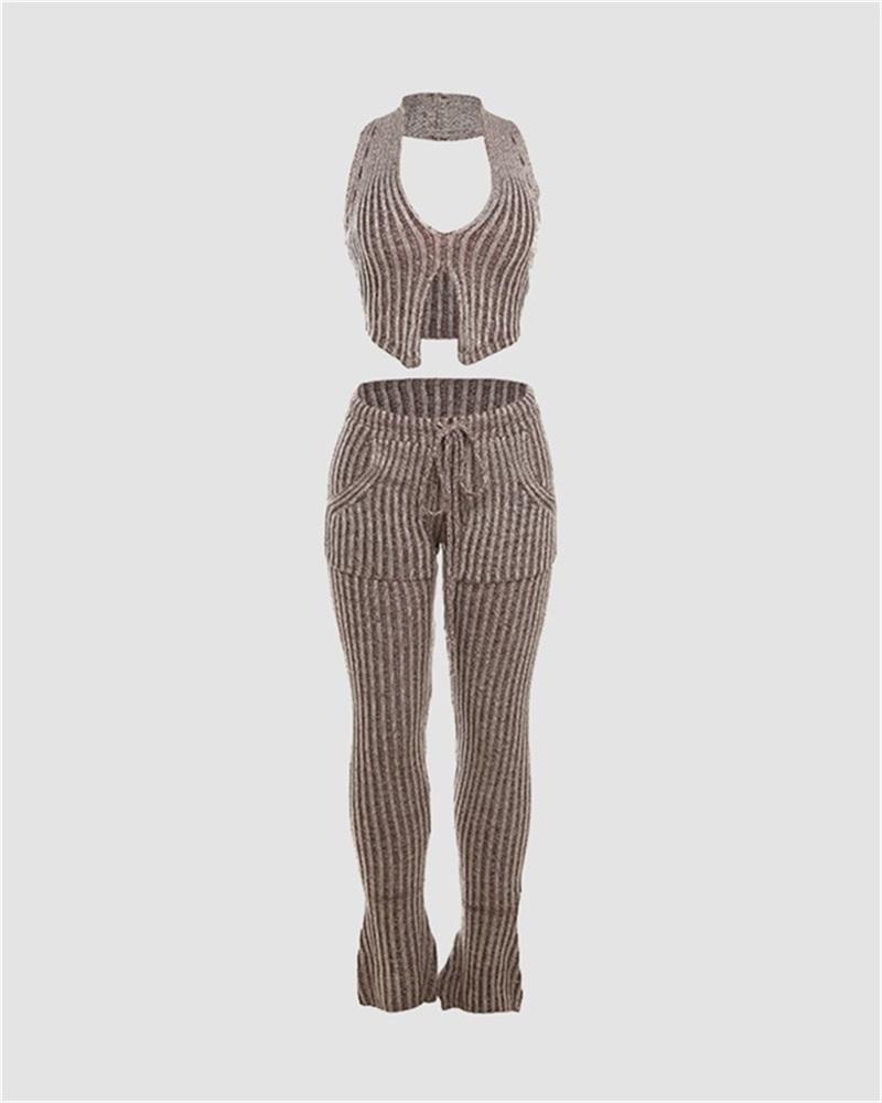 Halter Ribbed Knit Long Pant Coords