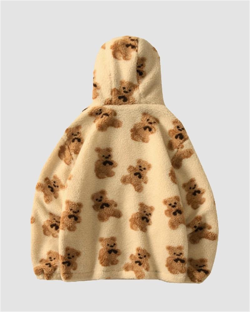 Bear Print Hooded Fleece Jacket