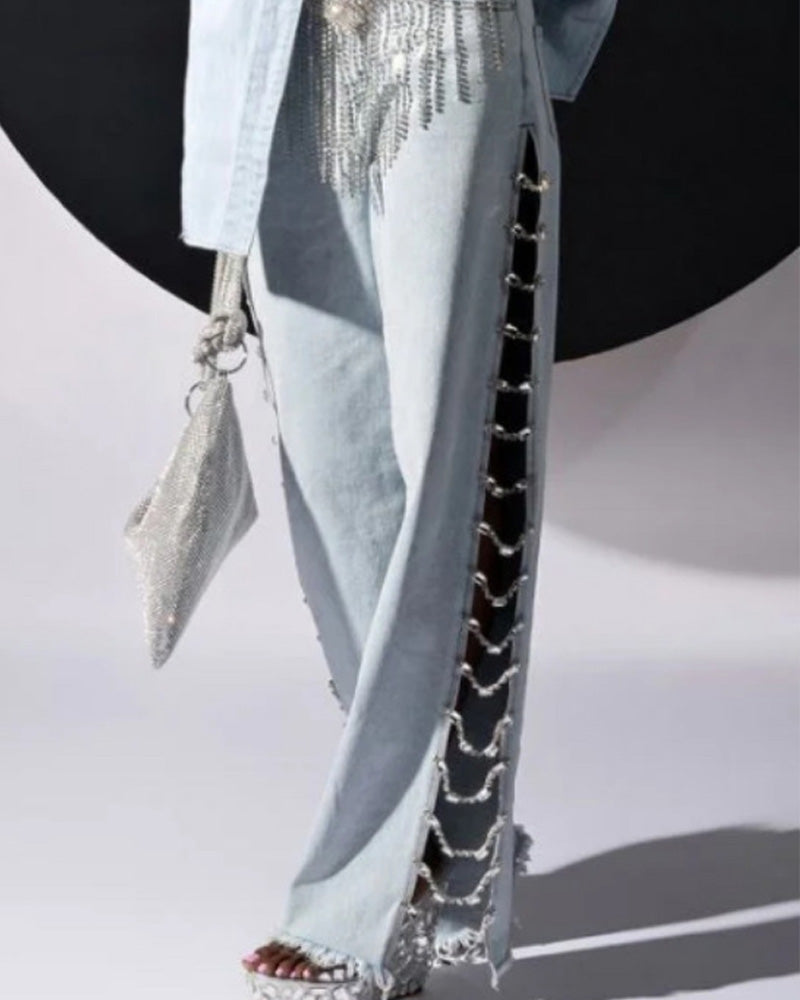 Metal Chain Slit Denim Jeans