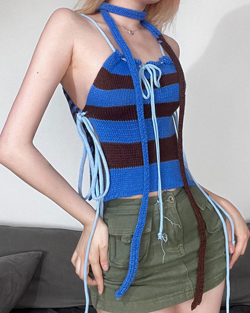 Halter Neck Backless Striped Contrasting Color Knitted Vest