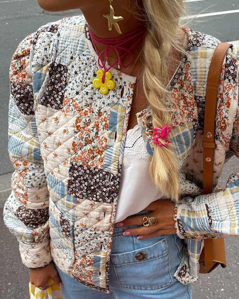 Apricot Blue Small Floral Patchwork Puffer Jacket