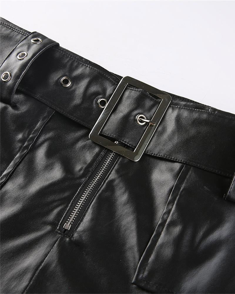 Belted Chic Pleather Lowrise Skirt