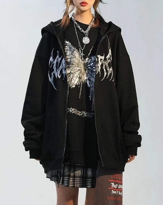 Butterfly Print Graphic Zip Up Hoodie