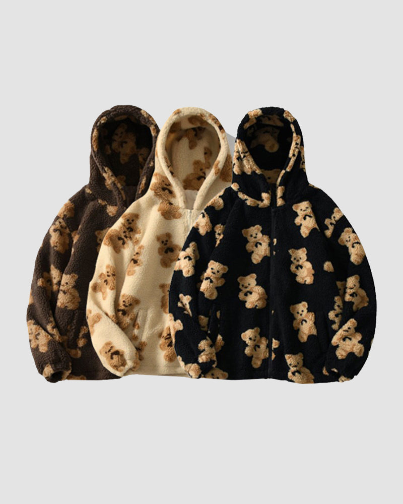 Bear Print Hooded Fleece Jacket