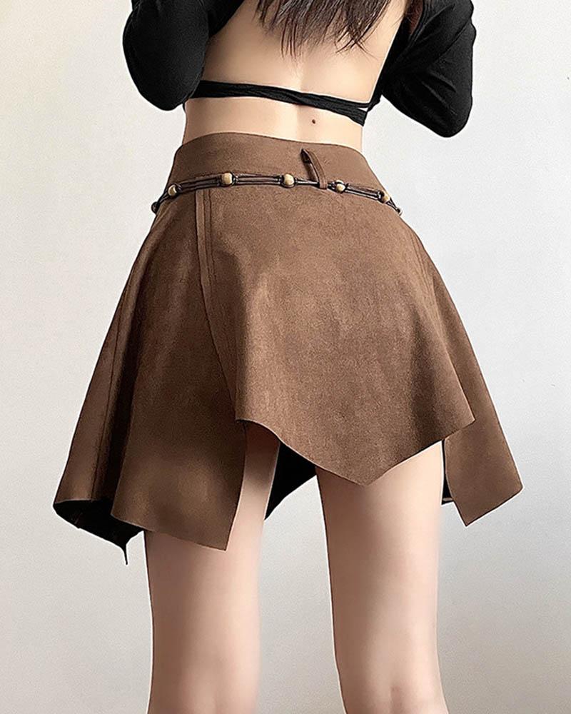 Suede Irregular Brown Midi Skirt