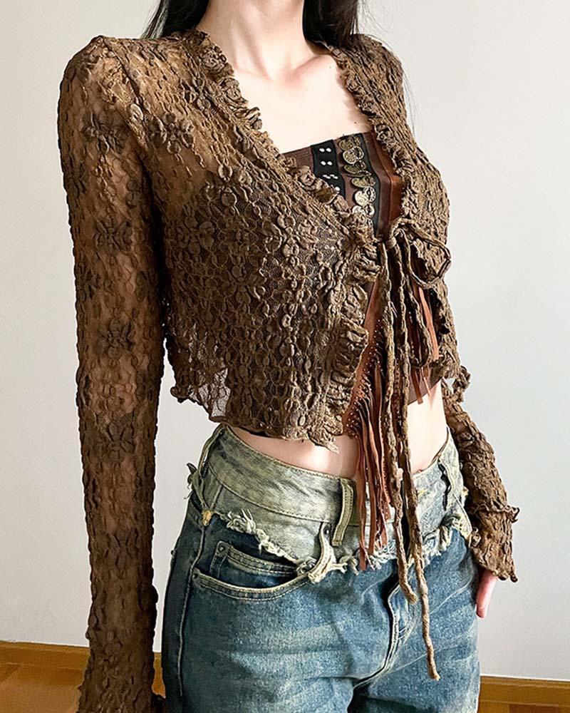 Brown Heart Flowers Lace Cardigan