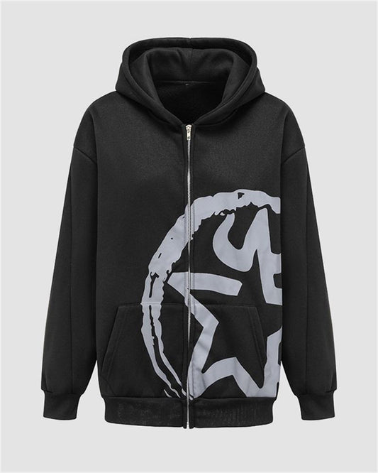 Star Crack Printed Zipper Hoodie