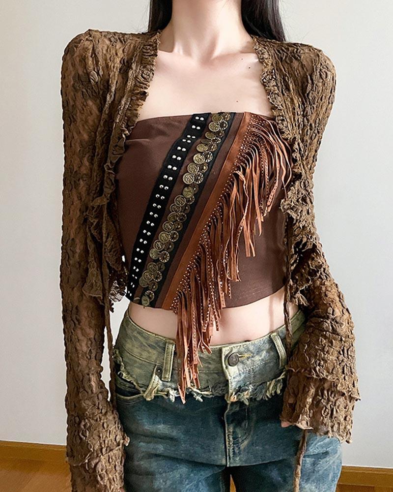 Brown Heart Flowers Lace Cardigan