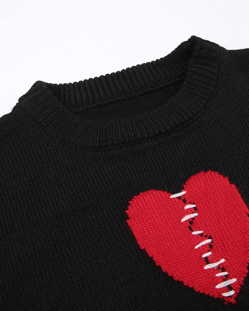 Heart Stripe Patchword Knit Sweater