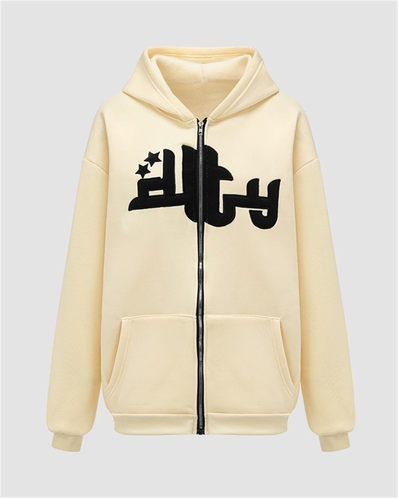 Letter Star Patched Zip Up Hoodie