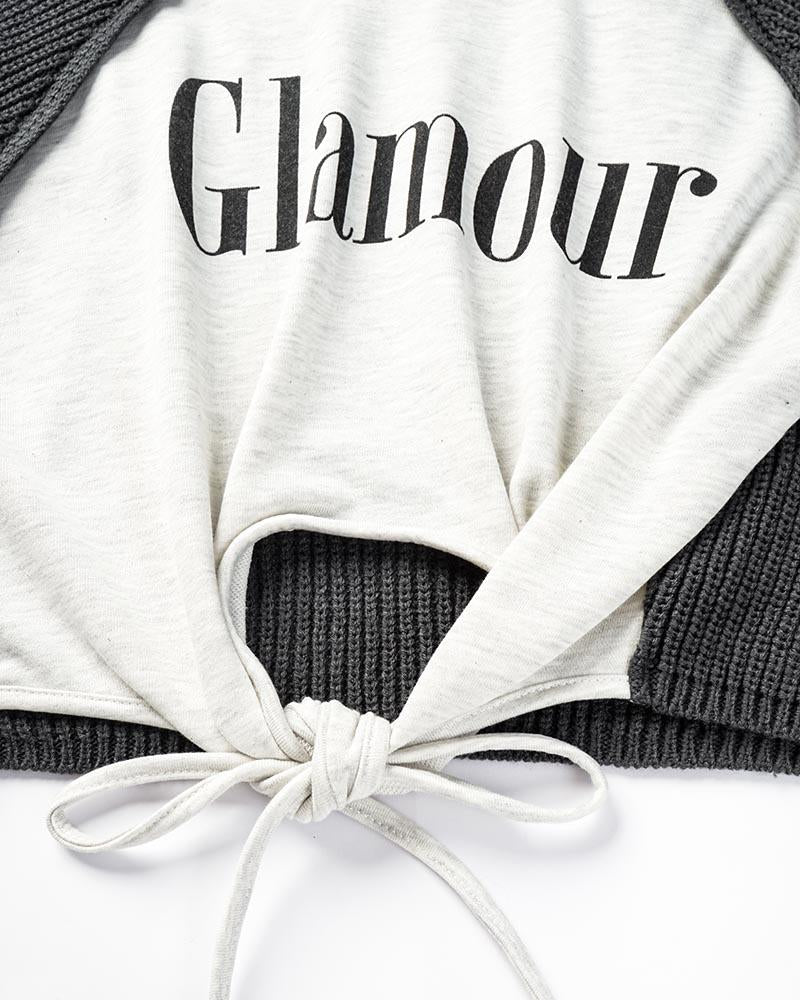 Glamour Raglan Graphic Ribbed Sleeves Top