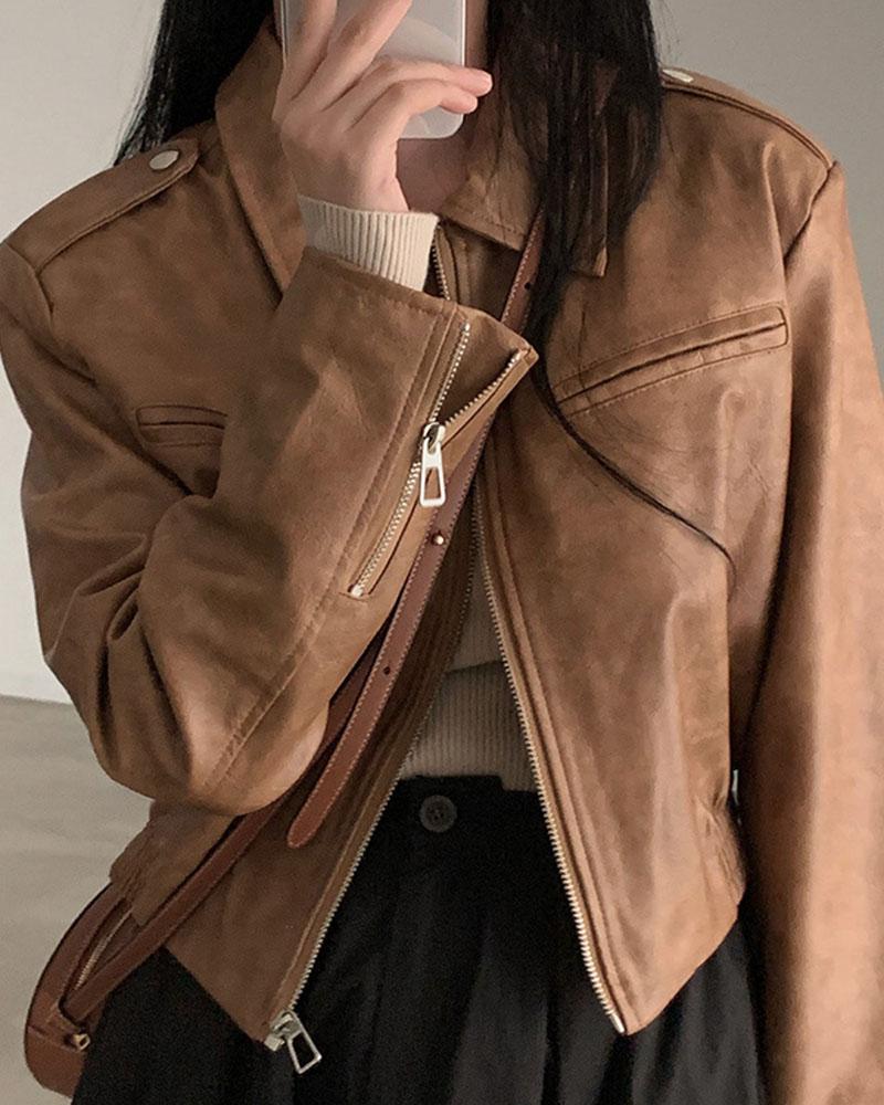 PU Leather Zipper Cropped Jacket