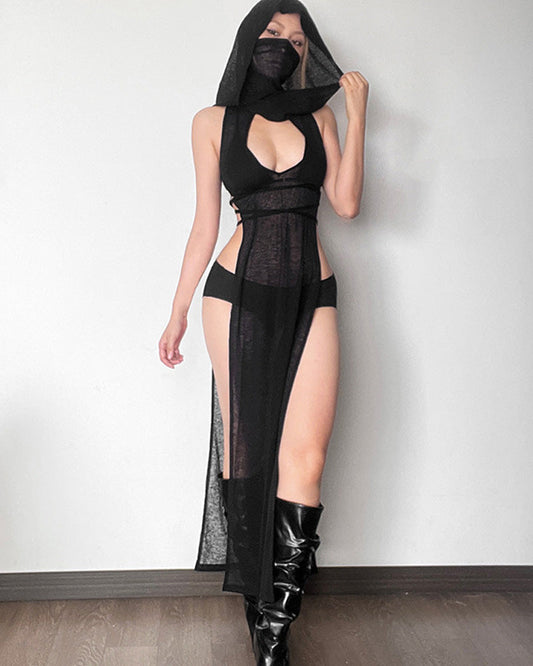 Venom Merchant Mesh Slit Dress with Hood