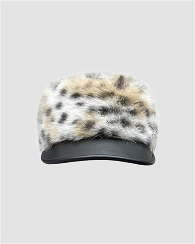 Leopard Patterned Fur Patchwork Leather Hat