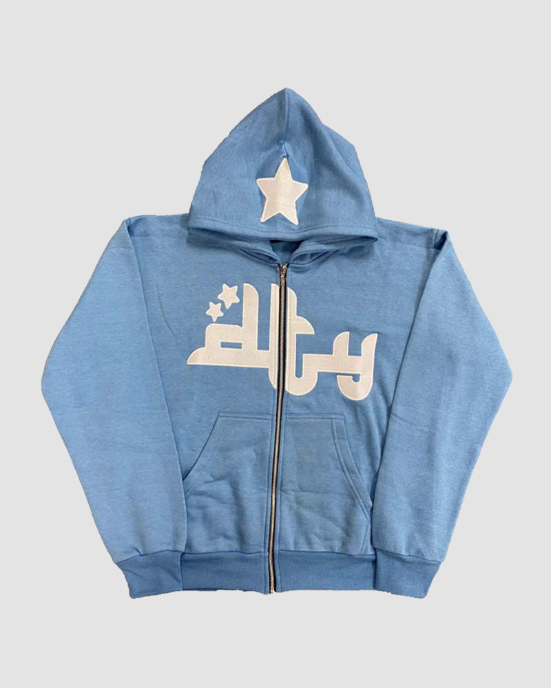 Letter Star Patched Zip Up Hoodie