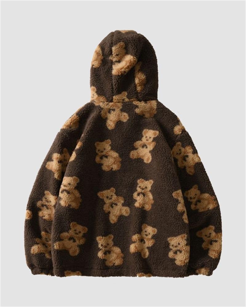 Bear Print Hooded Fleece Jacket