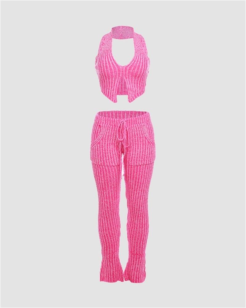 Halter Ribbed Knit Long Pant Coords