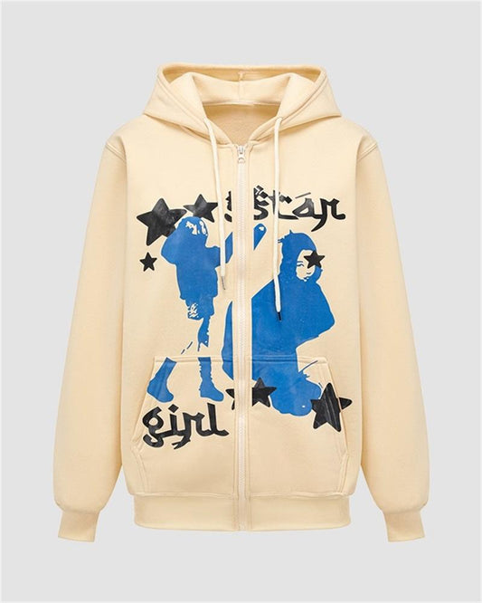 Grunge Star Print Zip Up Hoodie