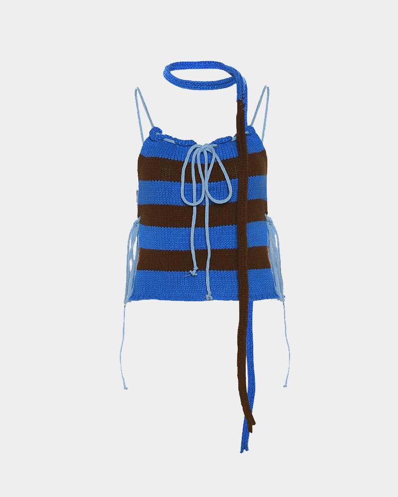 Halter Neck Backless Striped Contrasting Color Knitted Vest