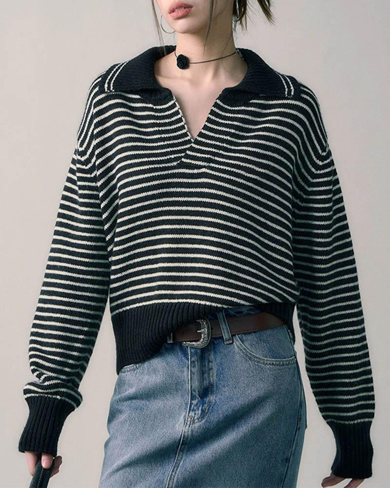 Retro Polo Collar Striped Sweater