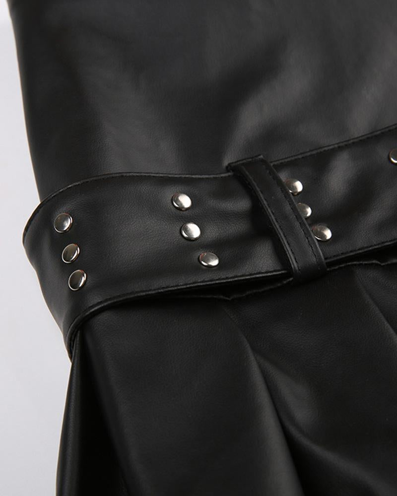 PU Rivet Waist Buckle Decorative A-Line Skirt