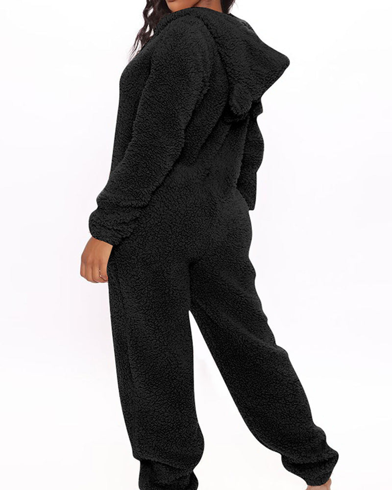 Hoodied Zip Front Fleece Jumpsuit