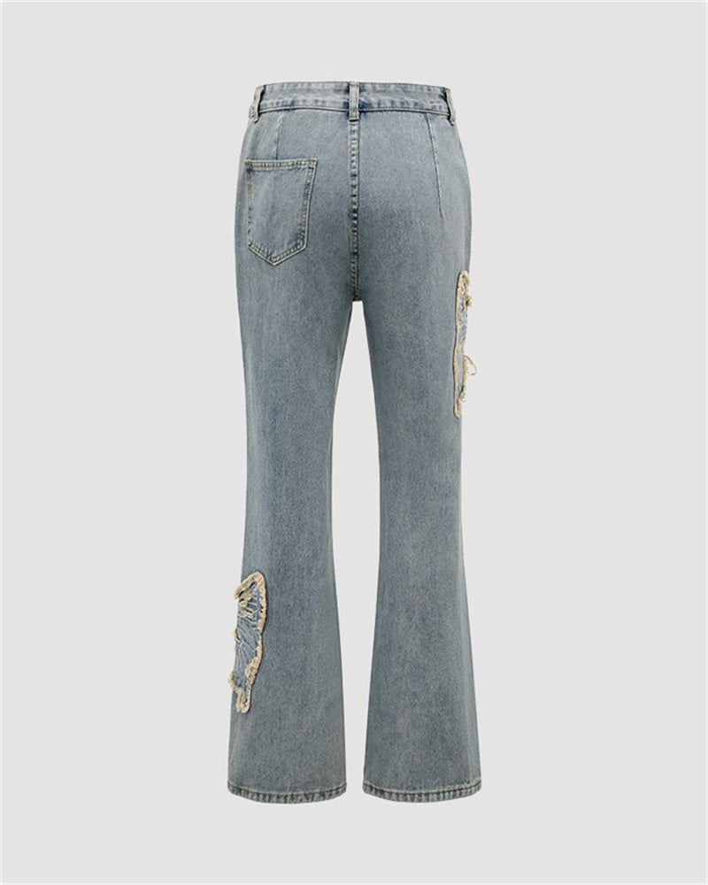 Distressed Butterfly High Rise Flare Jeans