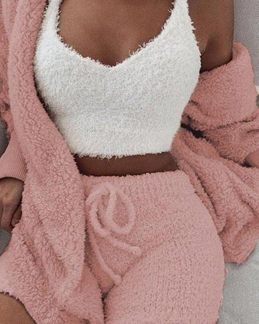 Coral Fleece Lounge Three Piece Coord Set