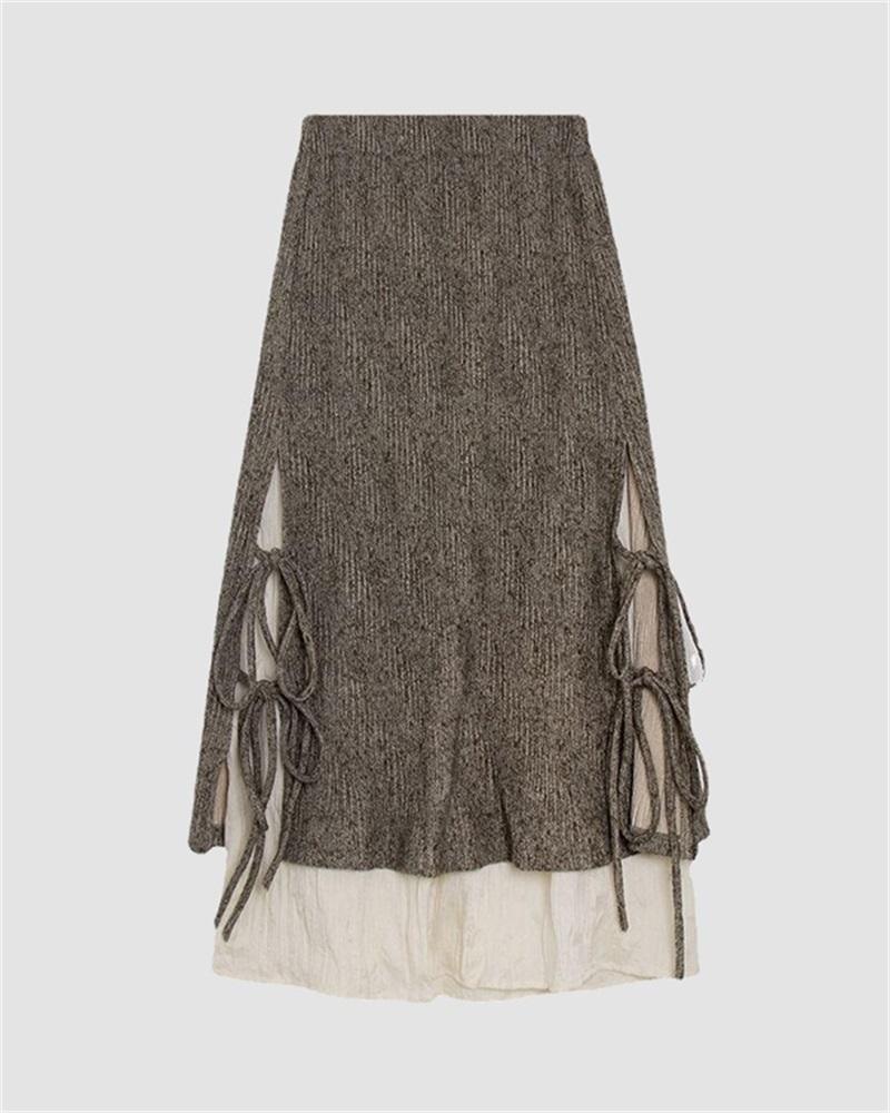 Cotton And Linen Patchwork Strap Maxi Skirt