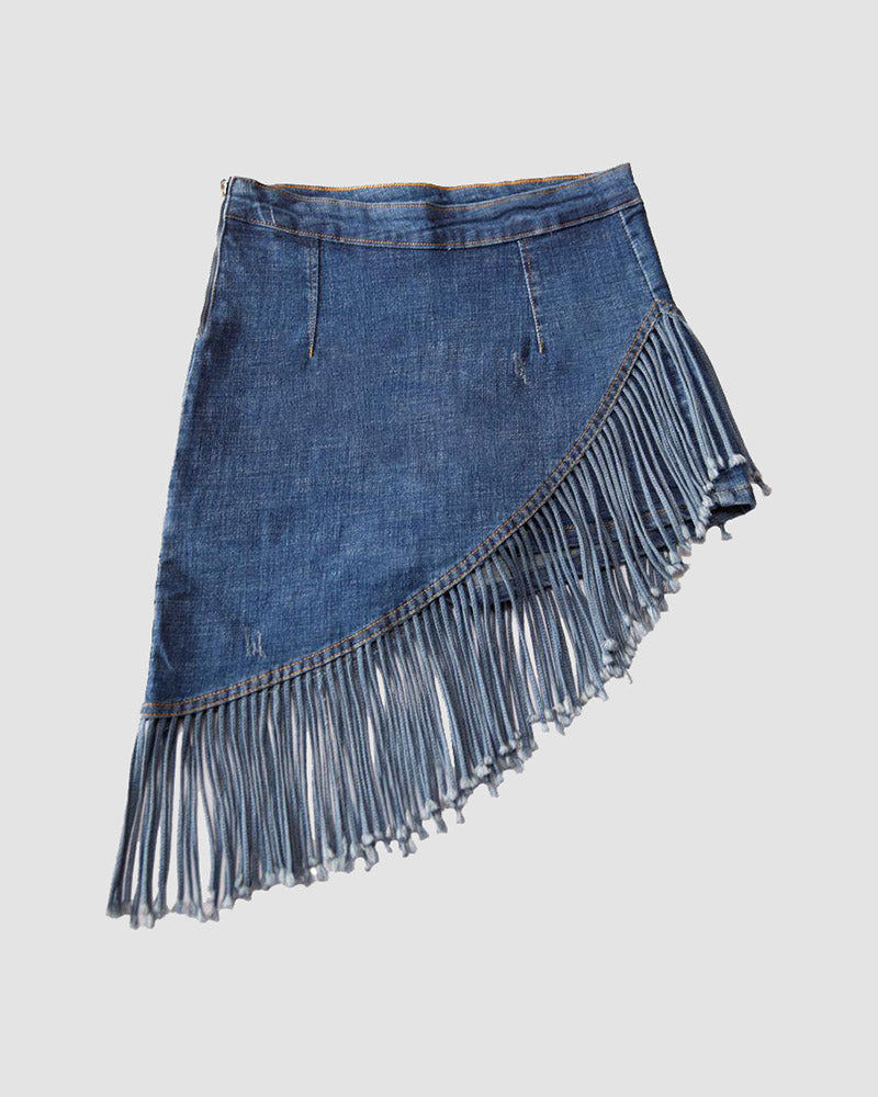 Wing Fringe Denim Skirt