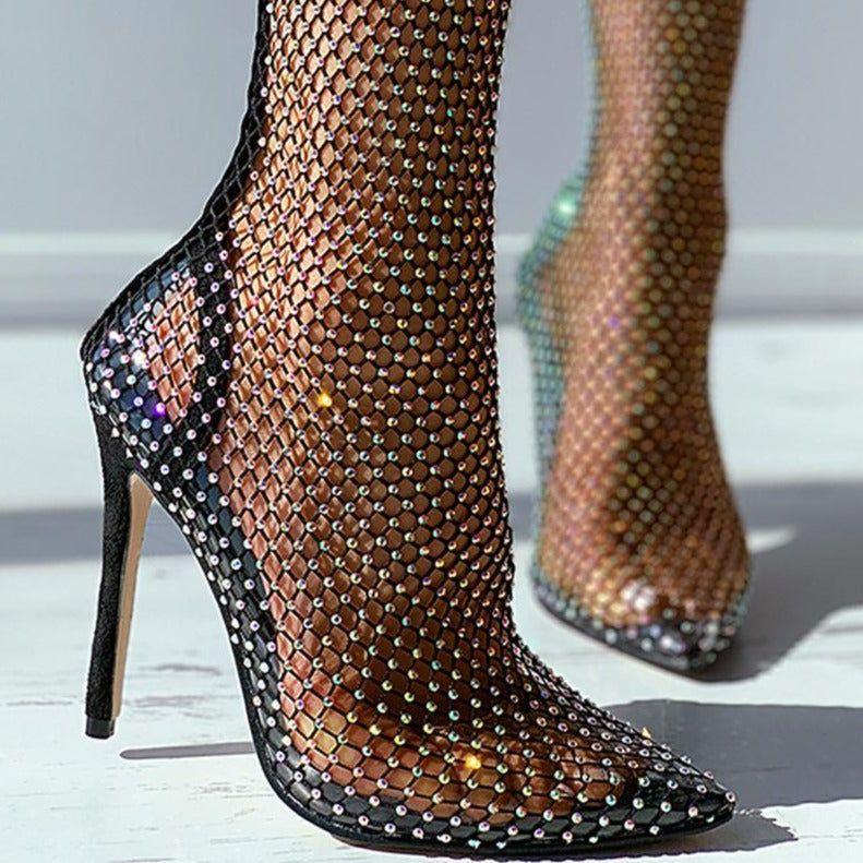 Glimmer Rhinestone Mesh Heel Boots