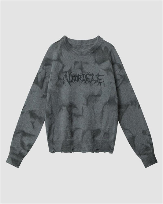 Grunge-Style Letter Printed Holes Sweater