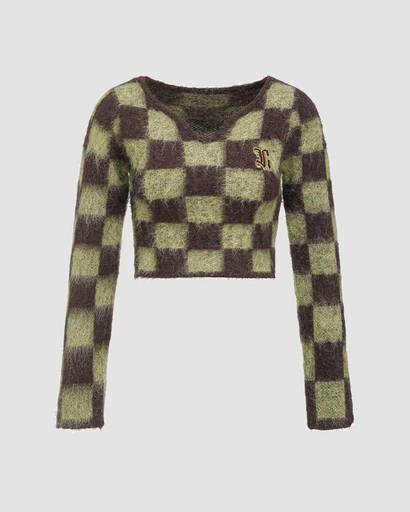 Moonmoor Fuzzy Checkered Crop Sweater