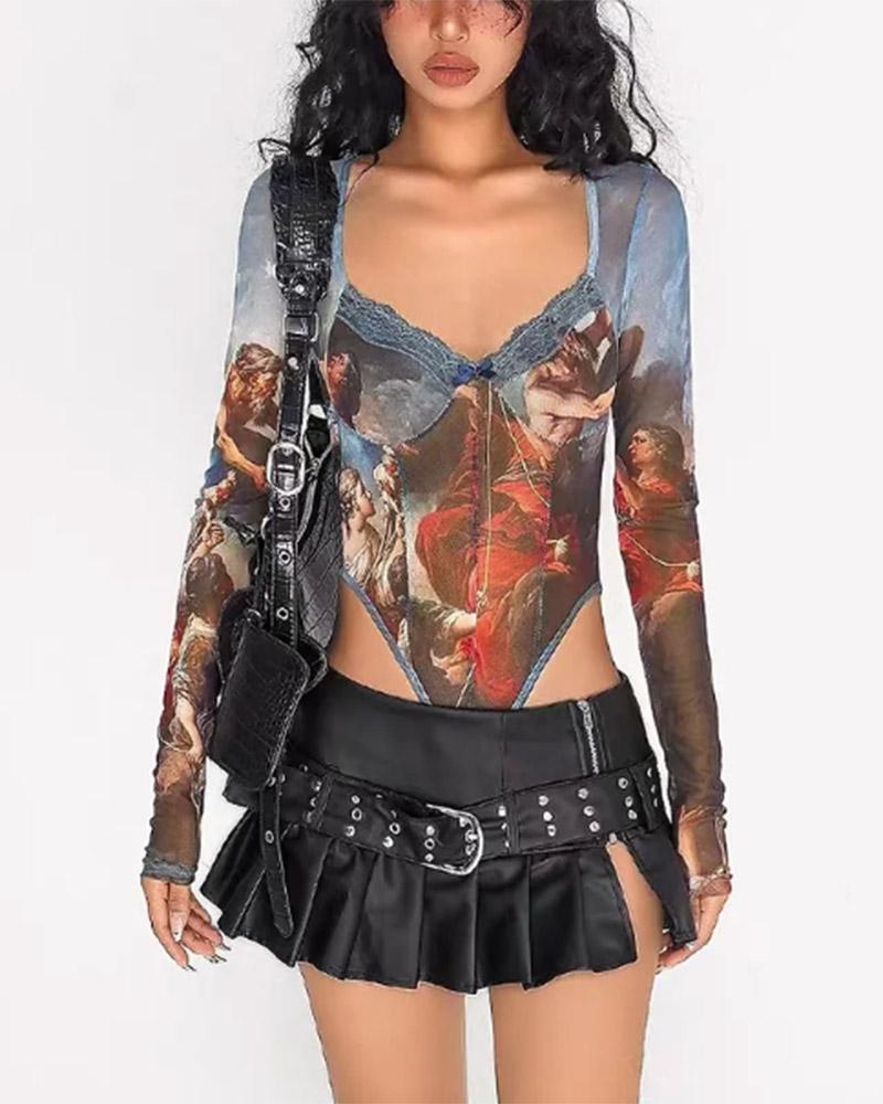 Retro Renaissance Print V-Neck Bodysuit