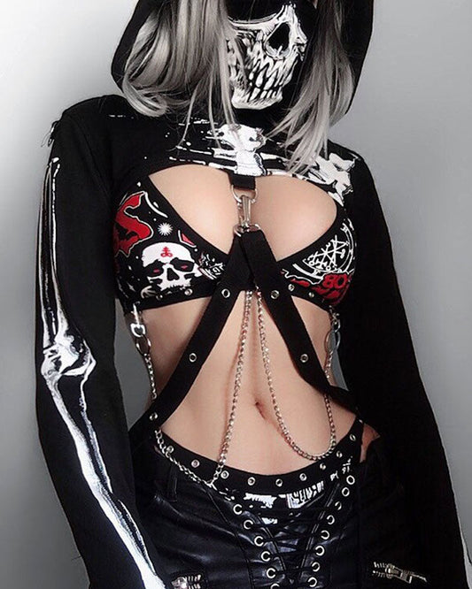 Halloween Dark Skull Head Mask Chain Hooded Top