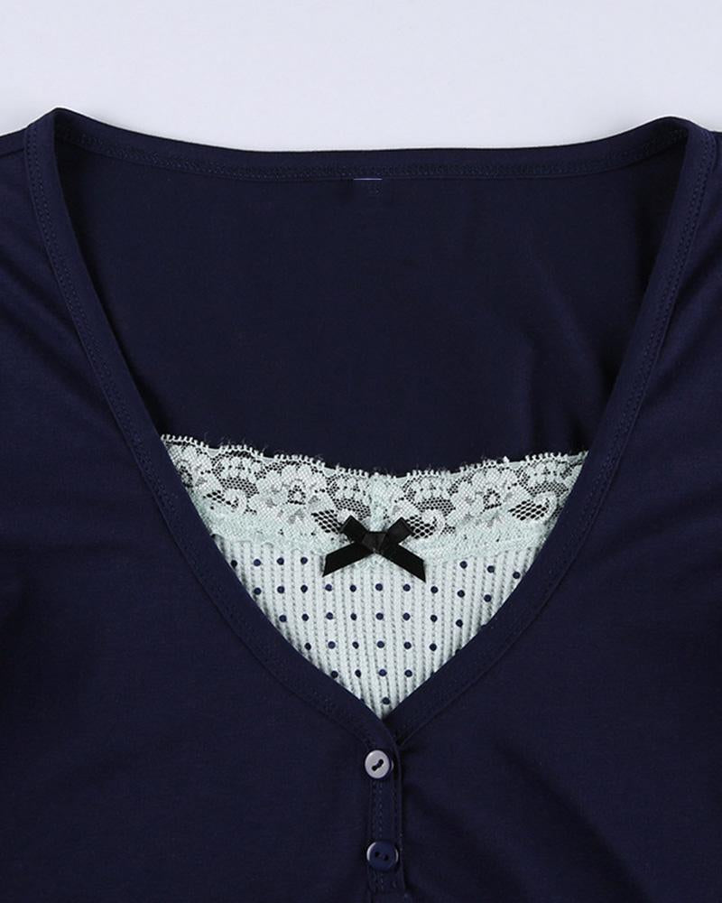 Lace Polka Dot Stitching T-shirt