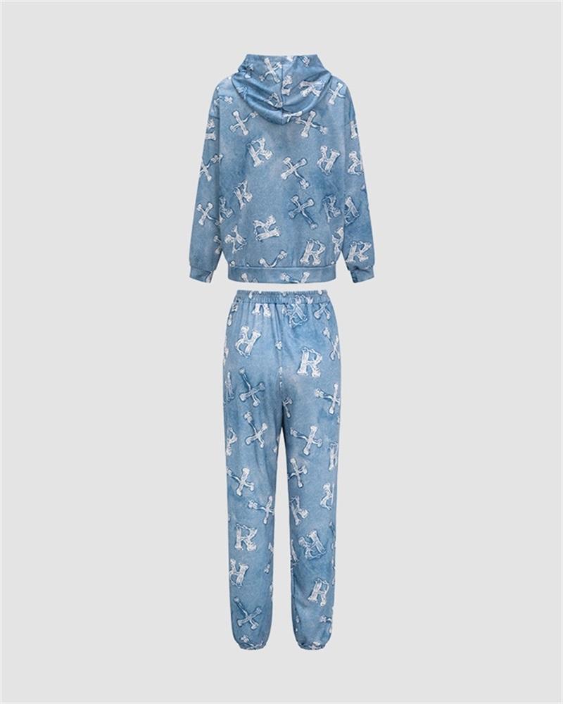 Denim Printed Patch Tracksuit Coord Sets