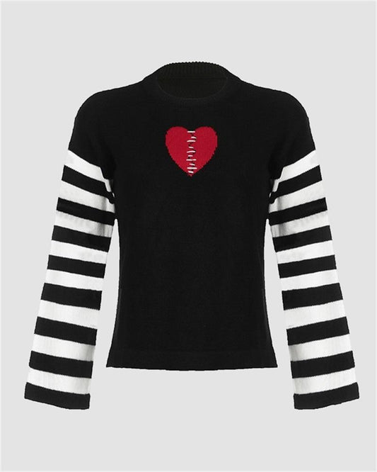 Heart Stripe Patchword Knit Sweater