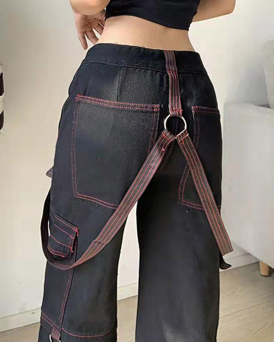 Vintage Chain Embellished Strap Cargo Pants