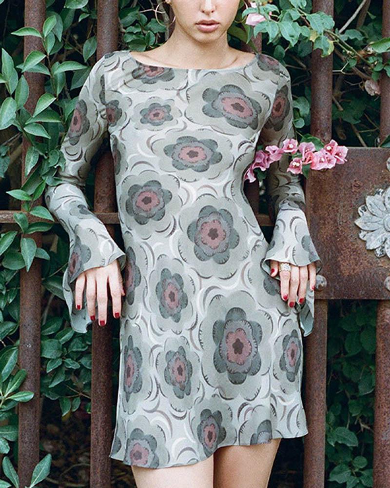 Long Sleeved Morning Glory Printed Dress