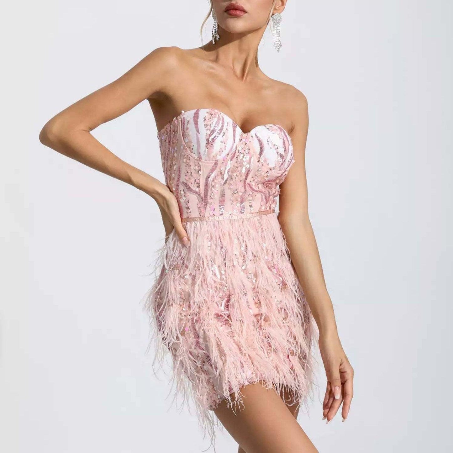 Dainty Doll Sequin Feather Fringe Mini Dress