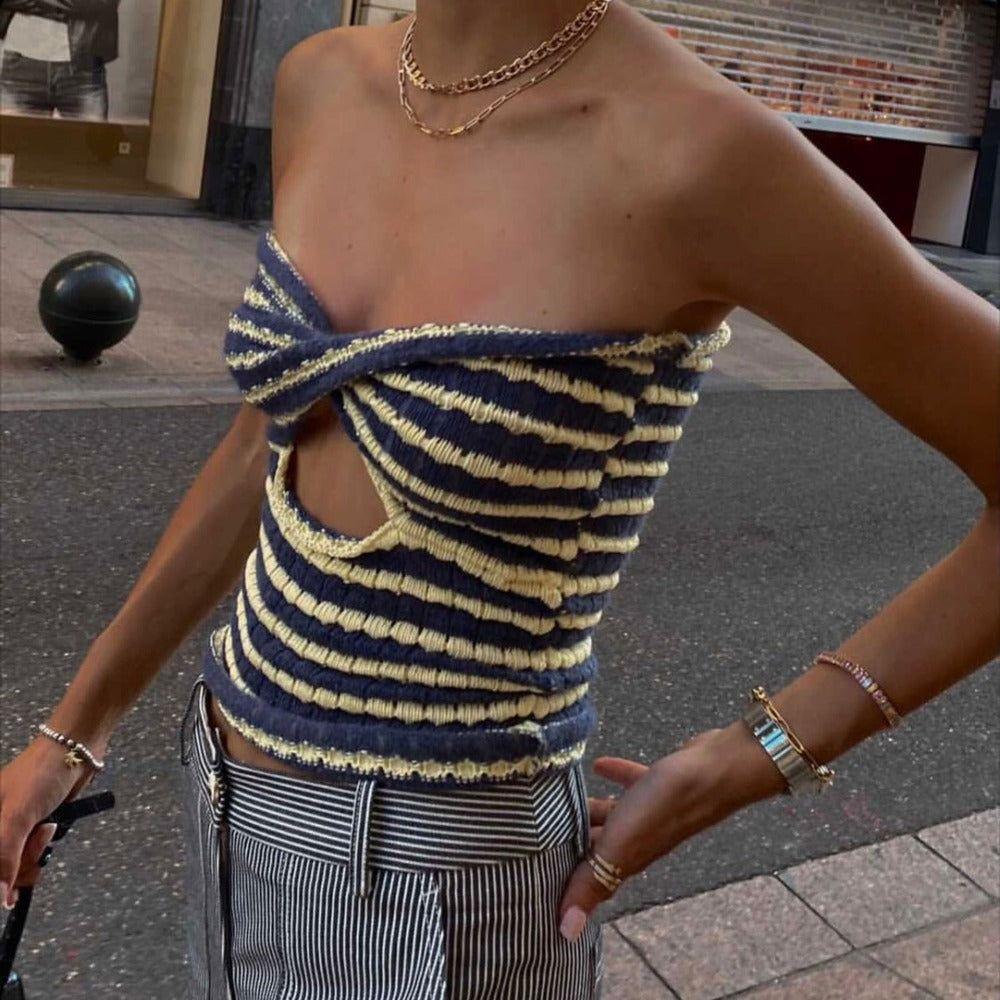 Euro Striped Twist Cutout Strapless Knitted Crop Top